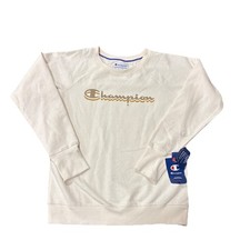 Women's Champion Powerblend Fleece Boyfriend Sweatshirt Size Small Cream Flaws