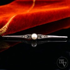 Elegante Art Deco Stabbrosche aus 900 Silber - Perle, Weiße & Blaue Strasssteine