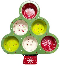 Temptations Christmas Tree Ceramic Muffin Pan Red Green *Read description