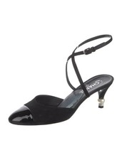 CHANEL 2018 Faux Pearl Accents Slingback Cap Toe Kitten Heel Size 39