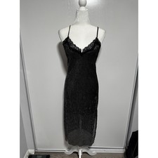 Black Sparkle Slip Dress Lace Trim Sleeveless Midi Evening Cocktail Sm/Med