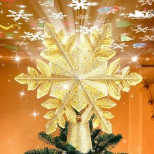 Lighted Christmas Tree Topper Golden Snowflake LED Rotating Glitter 3D Topper