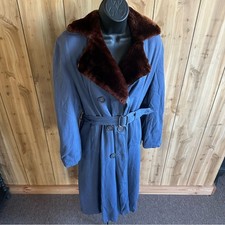 Women's 1950s Vintage Blue Double-Breasted Coat with Brown Fur Collar