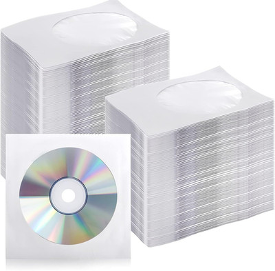 1,000 Pieces White Paper CD DVD Sleeves Envelope Holder with Clear Window and Fl