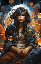 Mystical Woman Amber Blue Orbs Glow 4x6 Art Print Surreal Fantasy UR100348