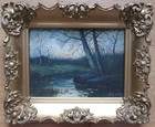 Antique late 19th Century Signed E.M KING Tonalist Wooded Landscape oil painting