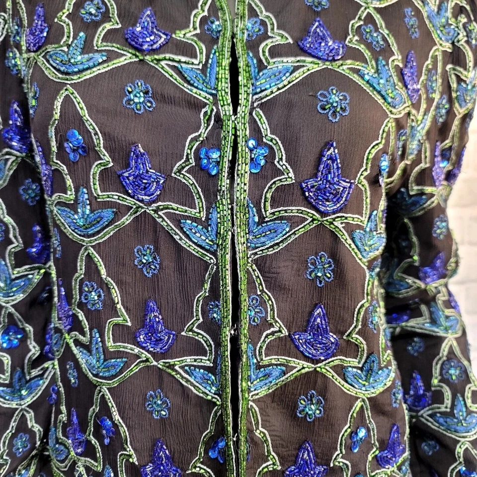 Chaqueta de Colección Laurence Kazar M Lentejuelas Cuentas Negra Azul Verde Noche Top Foto 4 de 4