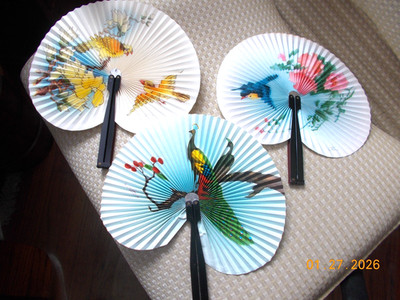 Three 5-3/4'' Foldup Paper Fans with Colorful Birds and Flowers