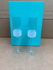 Tiffany & Co. Diamond Point Crystal Champagne Glasses Flutes Set Of 2 in Box