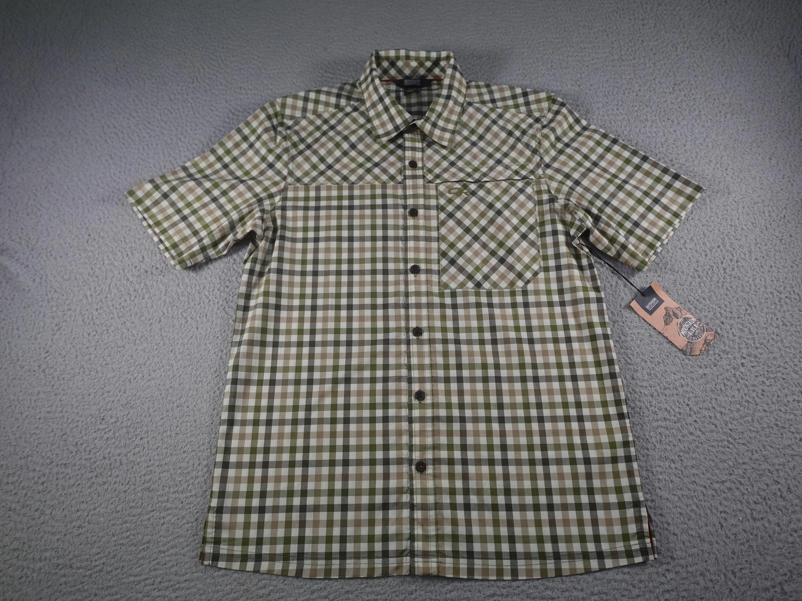 Outdoor Research Discovery Shirt Mens Medium Green Plaid Hiking Camping Nature