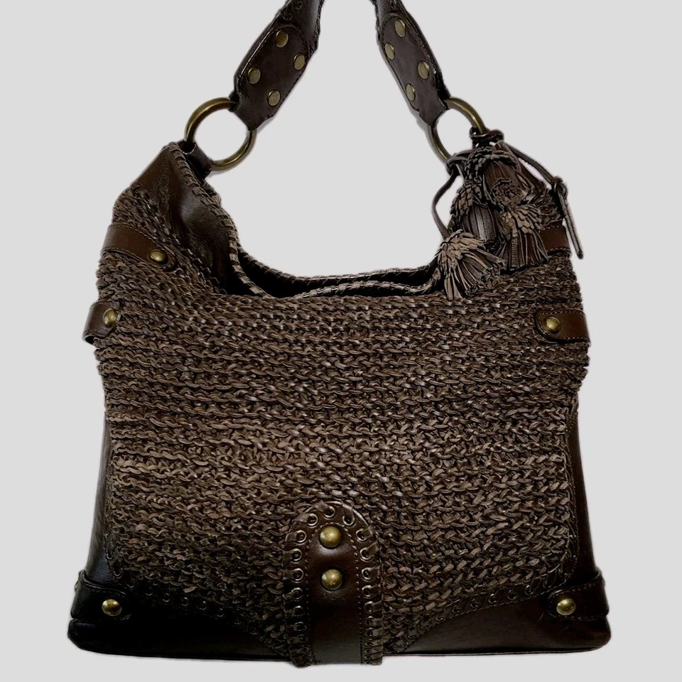 ISABELLA FIORE KNIT WHIT  CARINA LG BROWN LEATHER HOBO TASSELED HANDBAG MRP$795