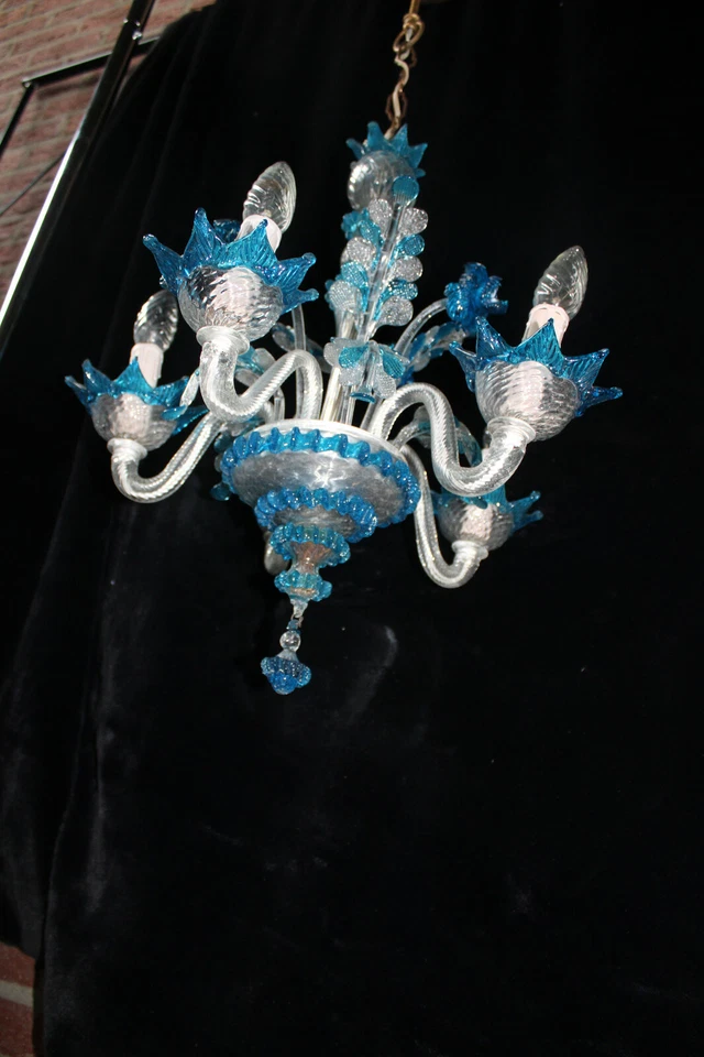 Murano hand blown blue clear glass chandelier lamp italian 1970  - Image 3 of 4