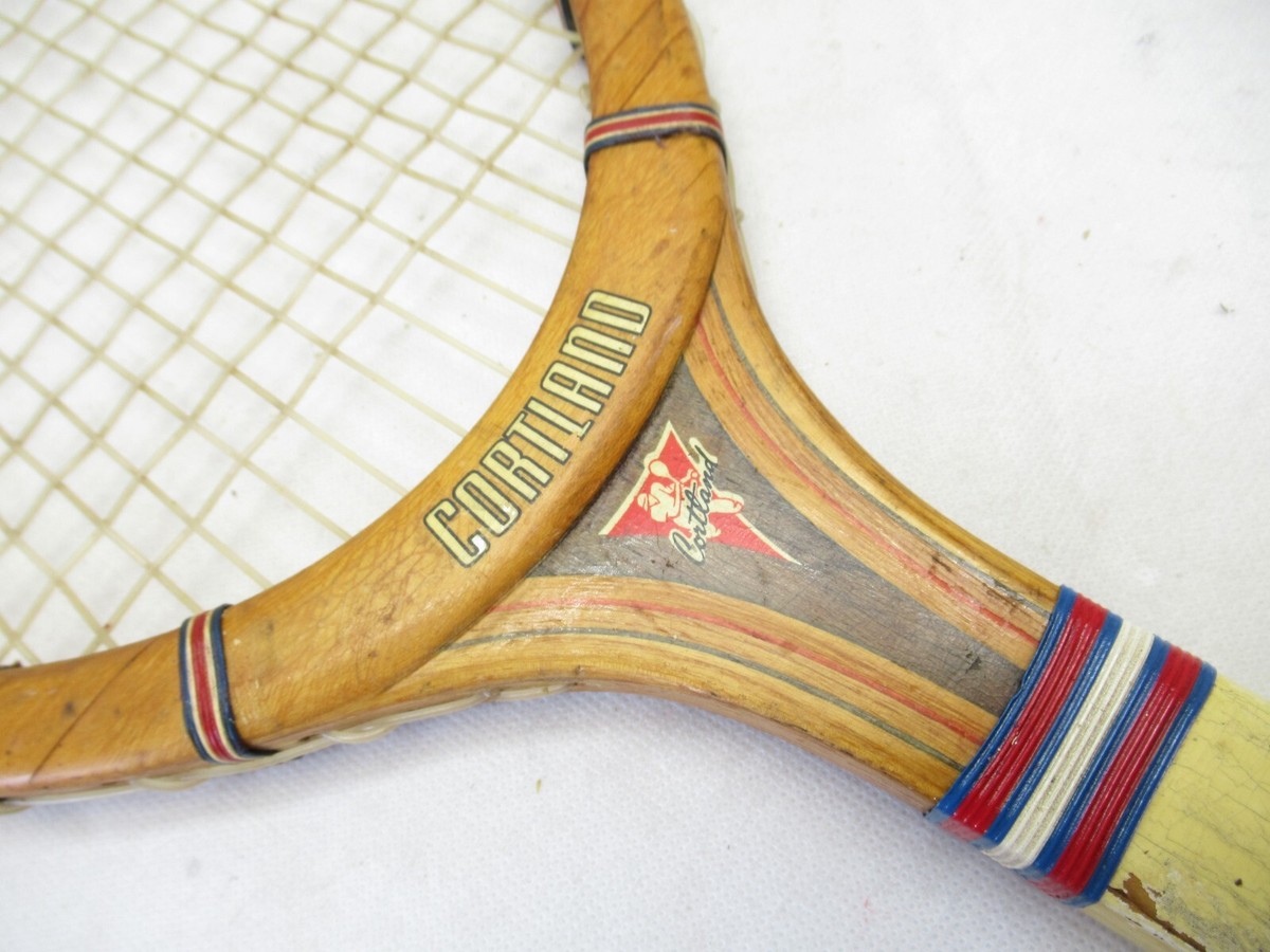 Raquette de tennis en bois Cortland avec attelle d'origine, ancienne