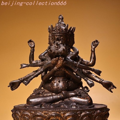 12" Old Tibet Bronze 3 Head 6 Arms Mahakala Buddha Ushnishavijaya Seat Statue - Picture 6 of 14