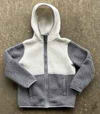 Lands' End Kids Gray / Beige Sherpa Fleece Hoodie Full Zip Jacket Size 7 Pockets