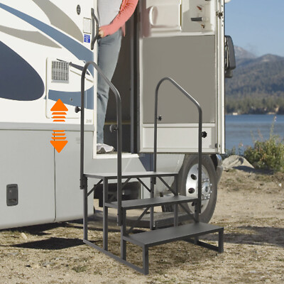 3-Step Black Q235 Steel RV Entry Steps With Handrails 450 lb Per Step