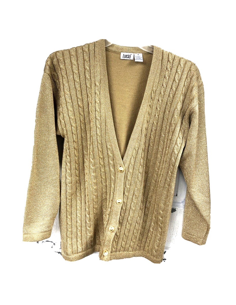 Lucia Womens Medium Cardigen Sweater Shimmering Gold Long Sleeves