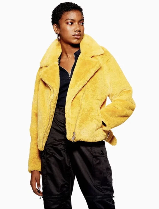 BNWOT Topshop Petite Dark Yellow Faux Fur Biker Jacket Sz 10 Petite  Bloggers Fav