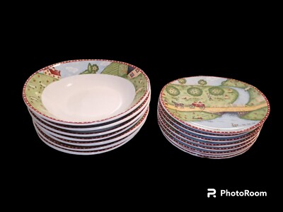 Vintage Set Of 1995 Sango Green Acres Salad Plates & Cereal/Soup