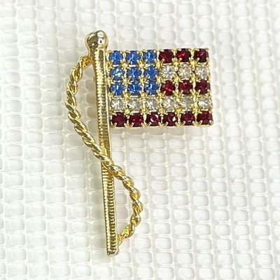 Prong Set Rhinestone American Flag Brooch Pin Very Sparkly Patriotic USA