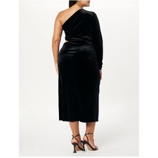 The Drop Black Velvet One Shoulder Cutout Ruched Midi Dress Size XXL