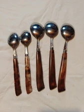 Five Vintage Flatware Stainless, Wood Tone Handle, From Japan. Spoons