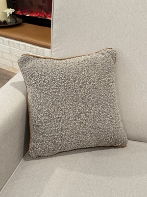 Boucle Textured 13  Square Beige Gray Accent Throw Pillow Camel Piping READ