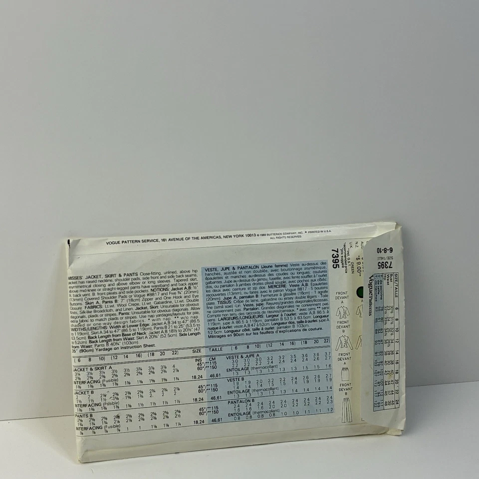 Jacket Pants Tapered Skirt Size 6-10 Pleats Pockets UNCUT Pattern 7395 Vtg 80s - Image 2 of 2