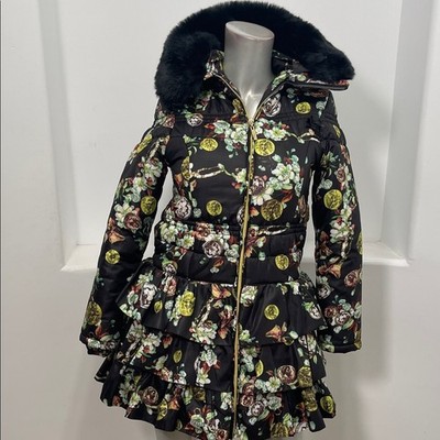 Le Chic Girl s Floral Print Ruffled Puffer Coat with Faux Fur Collar Size 152