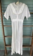 Antique 1910s Edwardian White Cotton Lawn Dress Lace Inserts Size XS 24 Waist