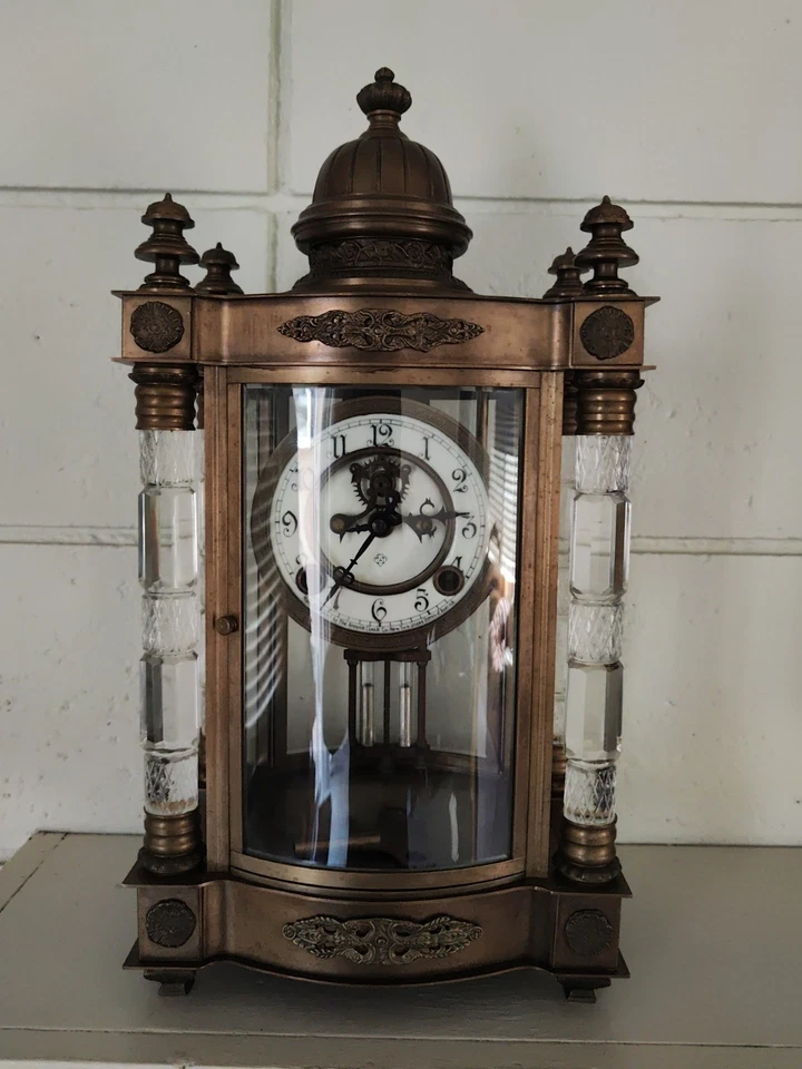 REPRODUCTION ANSONIA UTOPIA CRYSTAL REQULATOR KEY WIND MANTEL CLOCK - Image 2 of 4