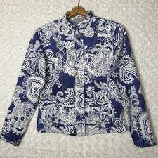 Chico's Paisley Print Denim Jacket Button Front Long Sleeve Blue White Size 0