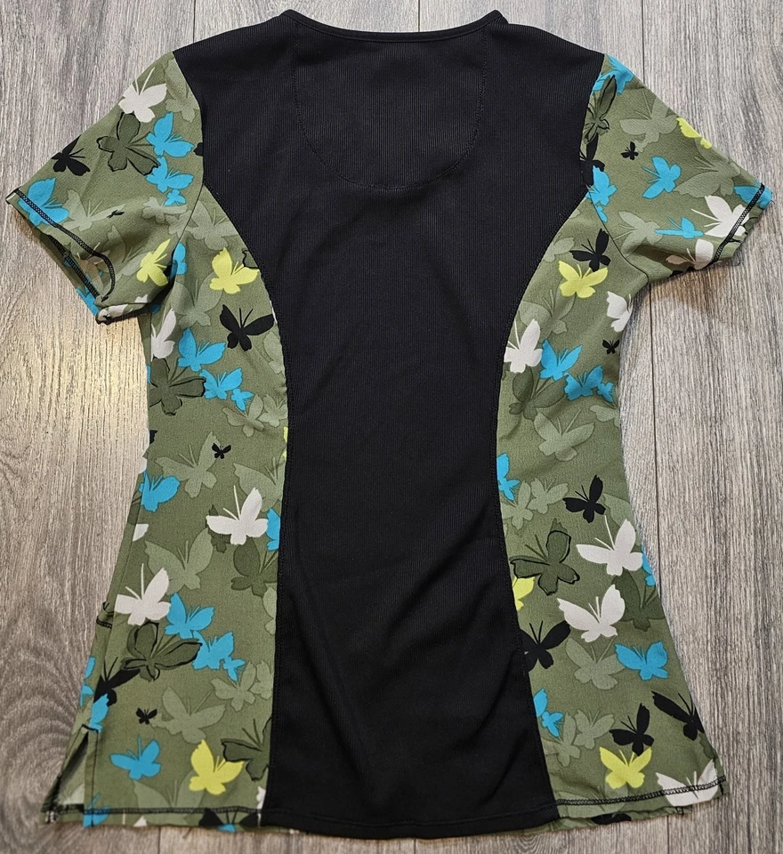 Cherokee Infinity Butterflies Patterned Scrub Top Multicolor Stretch Women’s XS - Image 2 of 4