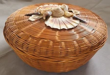 10" Woven Rattan Coastal Basket Lid Shell Decor Storage Bowl Boho Beach Cottage