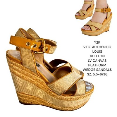 AUTHENTIC VTG. Y2K LOUIS VUITTON LV CANVAS LOGO PLATFORM WEDGE SANDALS 5.5-6/36