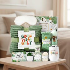 Self Care Gift Basket for Women Spa Set Cozy Blanket Tumbler Good Vibes