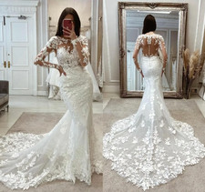Vintage Long Sleeve Lace Mermaid Wedding Dresses Sheer Neck Appliques Backless