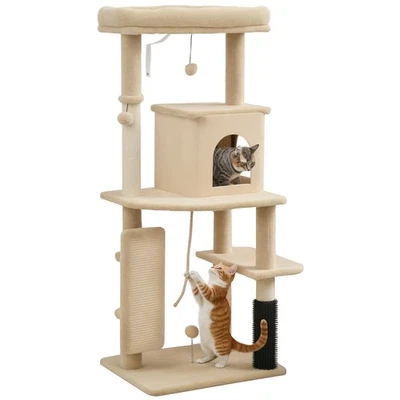 PawHut Cat Tree Tower Scratching Post Bed House, 132cm, Beige