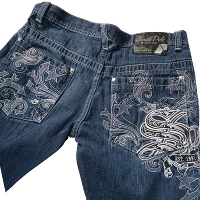 Southpole Mens Dark Wash Embroidered Tribal Star Relaxed Fit Y2K Jeans Blue