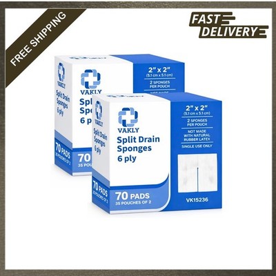 Sterile Split Gauze 2x2 Inches 6-Ply Pack of 70 Absorbent Non-Woven Drain Sponge