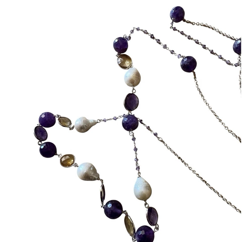 collana in argento , perla naturale ametista , quarzo citrino - Immagine 3 di 4