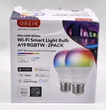 OREiN Matter Smart Light Bulbs A19 2 Pack Multi colored Remote Control Dimmable