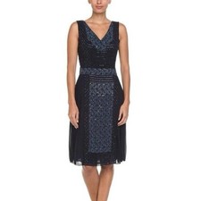 Tory Burch Silk Beaded Sequin Luxe Pleated Cocktail Dress in Navy Size 4