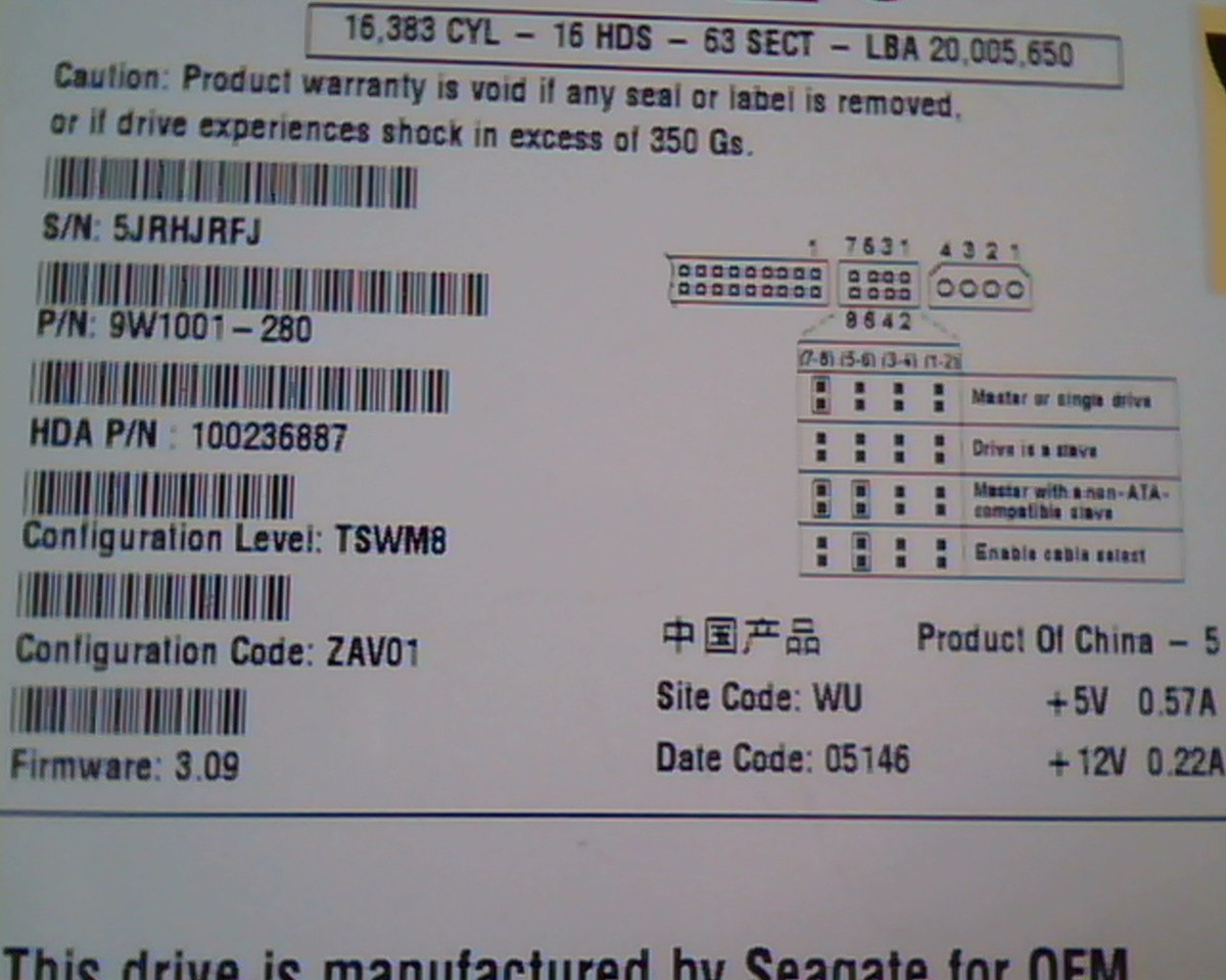 Hard Disk Drive IDE Seagate ST310014ACE 9W1001-280 100236887 ZAV01 