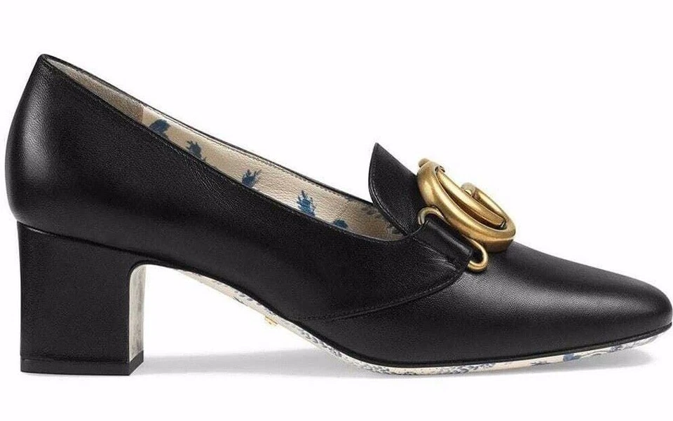 Gucci Victoire 55 Cuero Negro Doble Logo Bloque Tacón Medio Mula Mocasín Bomba 37