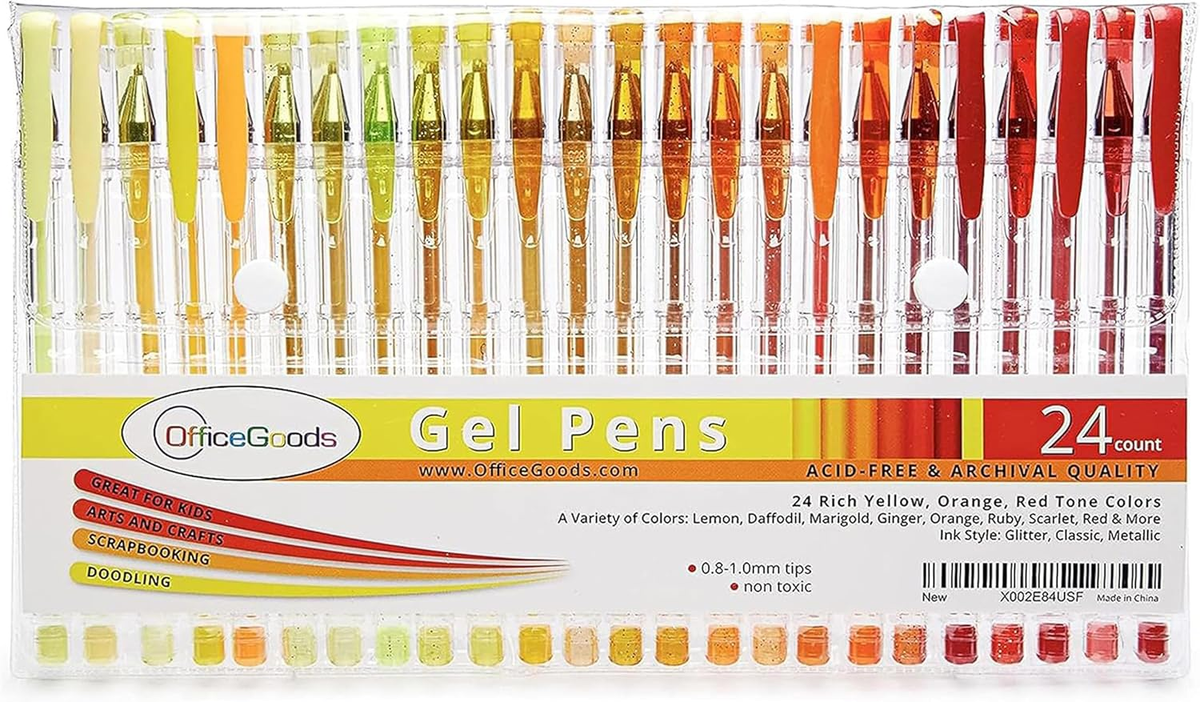 Yellow, Orange, and Red Gel Pens with Ink Refills, 24 Pack
