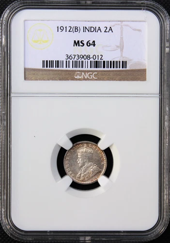 British India 1912 (B) KGV Two Anna NGC Graded MS 64