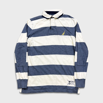 Nautica Shirt Mens Medium White Logo Striped Preppy Rugby Casual Long Sleeve