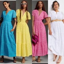 NWT PETITE Anthropologie Somerset Maxi Eyelet Dress White Yellow Pink Blue