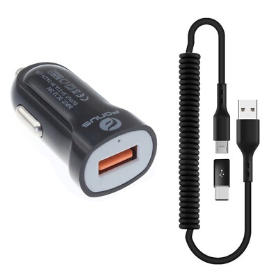 For iPhone 15/Pro/Max/Plus 24W Fast Car Charger Coiled USB Cable  Micro-USB to